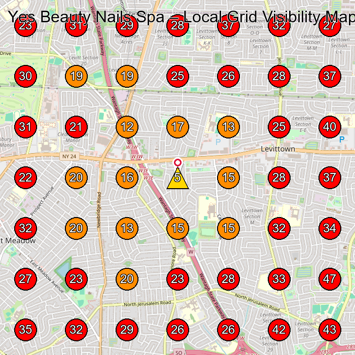 Yes Beauty Nails Spa GeoGrid visibility map for Nail Salon in Levittown